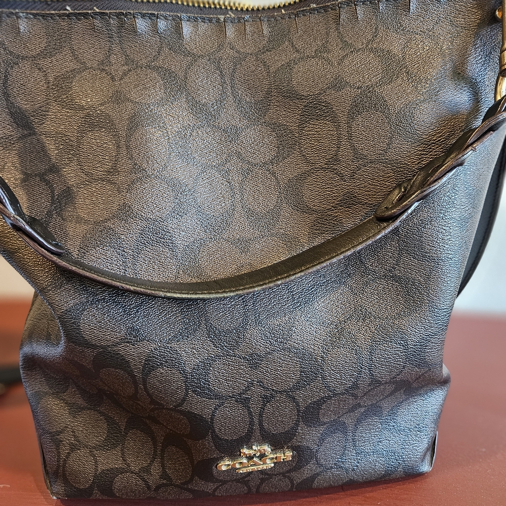 Coach Dark Brown Signature Canvas Shoulder Bag with Gold Hardware - Picture 6 of 9